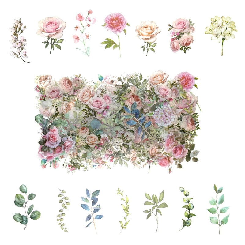 Obujopal 100 Pcs Pink Flower Stickers for Scrapbooking Junk Journal Notebook Diary Planner Letter Card Making Collage Envelope Water Bottle Phone Case Craft Decoration (Pink) - Image 1