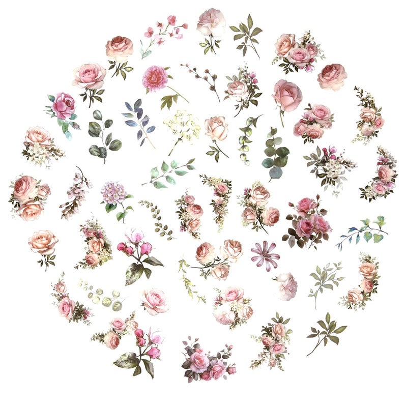 Obujopal 100 Pcs Pink Flower Stickers for Scrapbooking Junk Journal Notebook Diary Planner Letter Card Making Collage Envelope Water Bottle Phone Case Craft Decoration (Pink) - Image 2