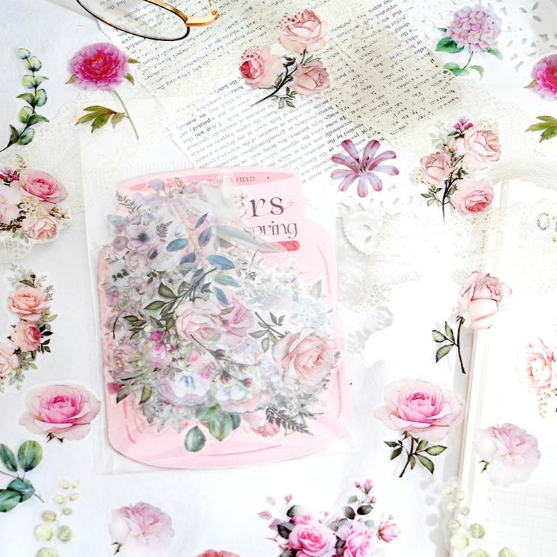 Obujopal 100 Pcs Pink Flower Stickers for Scrapbooking Junk Journal Notebook Diary Planner Letter Card Making Collage Envelope Water Bottle Phone Case Craft Decoration (Pink) - Image 3