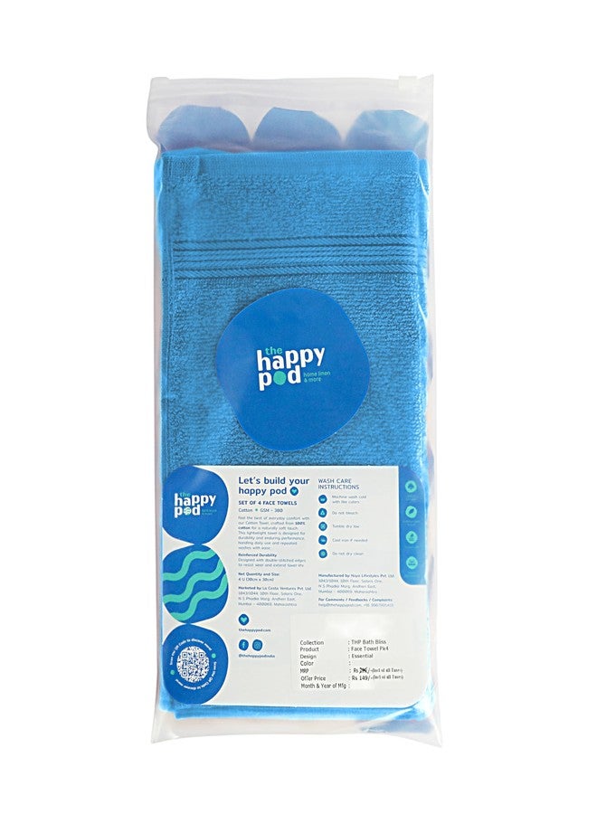 THE HAPPY POD Bath Bliss Essentials Face Towel Pack Cotton | 380 GSM | 30 cm x 30 cm | 4 Pc Pack | Turquoise - Image 4