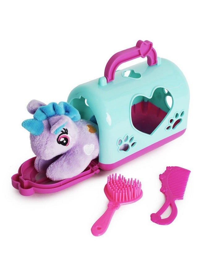 BOLEY Boley Unicorn Plushie Set - 4 Pc Plush Toy Kit with Purple Unicorn Stuffed Animal, Portable Light Blue Play Cage, Pink Brush and Comb - Soft, Cuddly Toy for Kids, Ages 3+ - Image 1