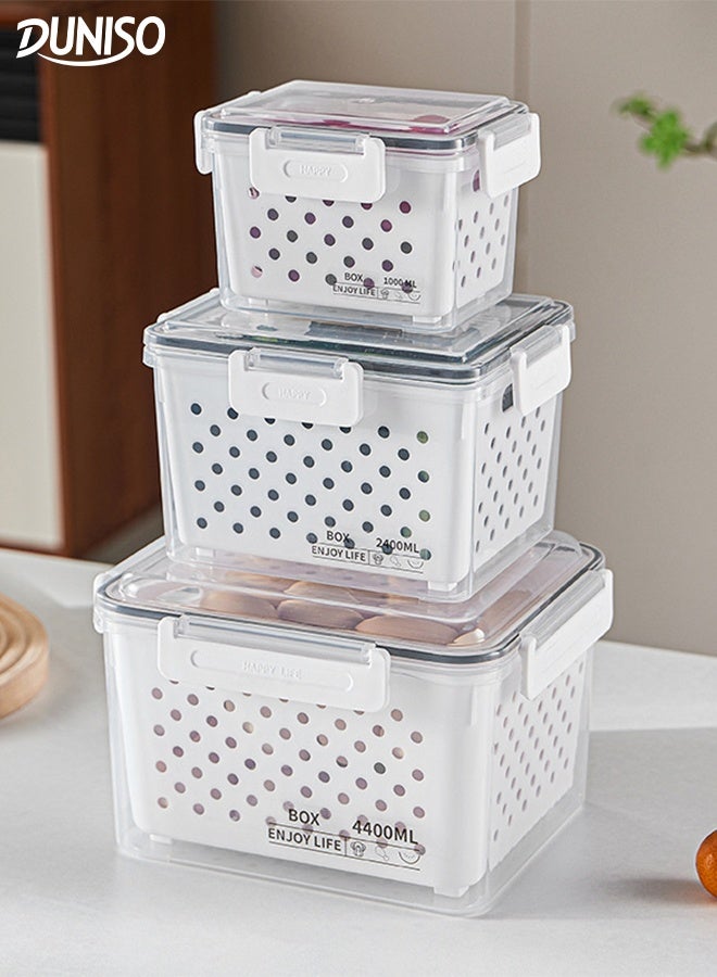 DUNISO 3Pcs Storage Containers Fridge Organiser Food Storage Containers with Lid and Handle Stackable Kitchen Storage Organiser with Removable Colanders Fresh Fruit Vegetable Freezer Storage Boxes with Lid for Fruit， Berry, Vegetables, Meat - Image 1