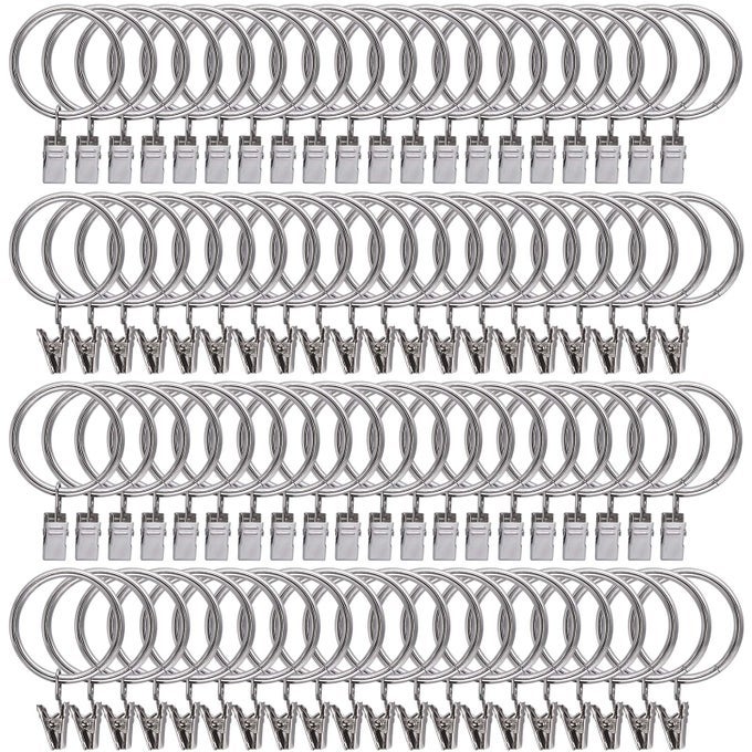 100 PACK CURTAIN RINGS WITH CLIPS HOOKS 15 INCH RUSTPROOF MATTE METAL STAINLESS STEEL DRAPERY RINGS FOR TENSION ROD BRACKET EYELETS DECORATIVE HANGERS SILVER 15 INTERIOR DIAMETER