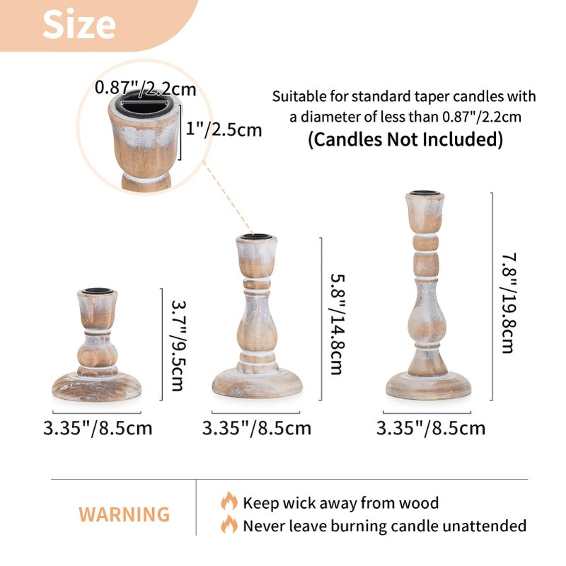 NUPTIO Taper Candle Holders Wood: Set of 3 Rustic Wooden Candlestick Holder - Vintage Candles Stick Candleholder for Fall Thanksgiving Christmas Fireplace Table Decor - Image 2