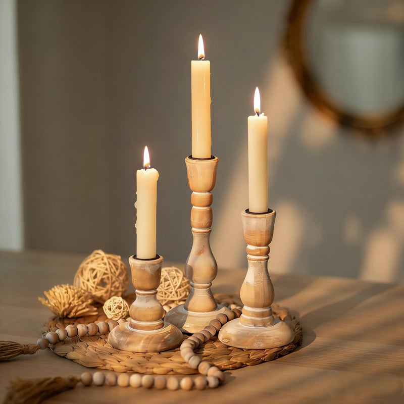 NUPTIO Taper Candle Holders Wood: Set of 3 Rustic Wooden Candlestick Holder - Vintage Candles Stick Candleholder for Fall Thanksgiving Christmas Fireplace Table Decor - Image 1