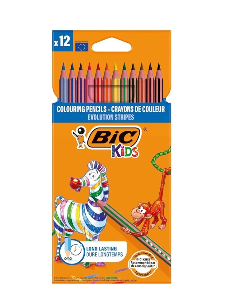 BIC Kids Evolution Stripes Colouring Pencils, Easy to Sharpen, Assorted Colours (Pack 12) - Image 1