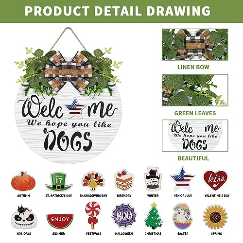 RoseCraft Interchangeable Wooden Seasonal Welcome Wreath, Rustic Round Dogs Front Door Wreaths for Home/Wall/Porch/Farmhouse Decor, for Easter Spring Summer Fall Halloween Christmas All Season Decorations - Image 3