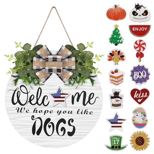 RoseCraft Interchangeable Wooden Seasonal Welcome Wreath, Rustic Round Dogs Front Door Wreaths for Home/Wall/Porch/Farmhouse Decor, for Easter Spring Summer Fall Halloween Christmas All Season Decorations - Image 1