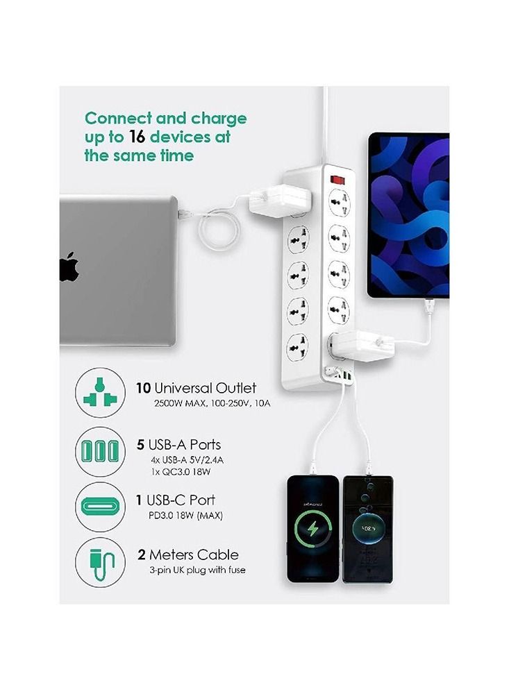 JBQ 10 Way Power Extension Cord Surge Protector Strip Heavy Duty Universal Electrical Socket White - Image 2
