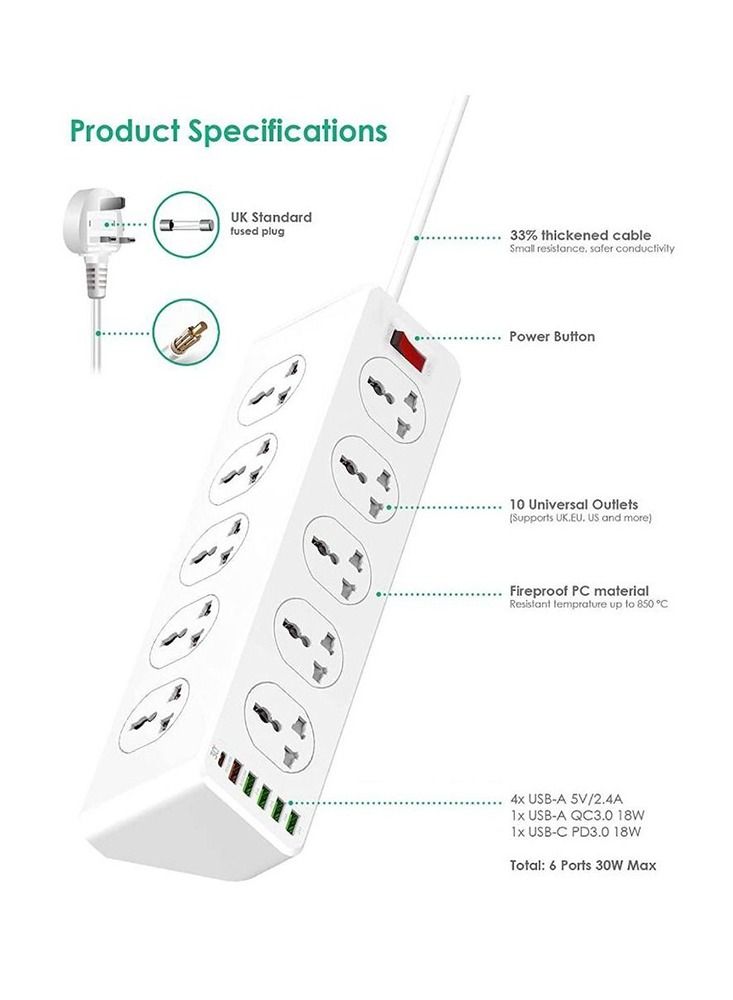 JBQ 10 Way Power Extension Cord Surge Protector Strip Heavy Duty Universal Electrical Socket White - Image 3