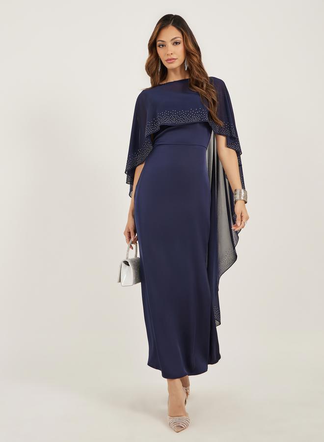 Styli Navy Blue Embellished Cape Maxi Dress  - Image 1