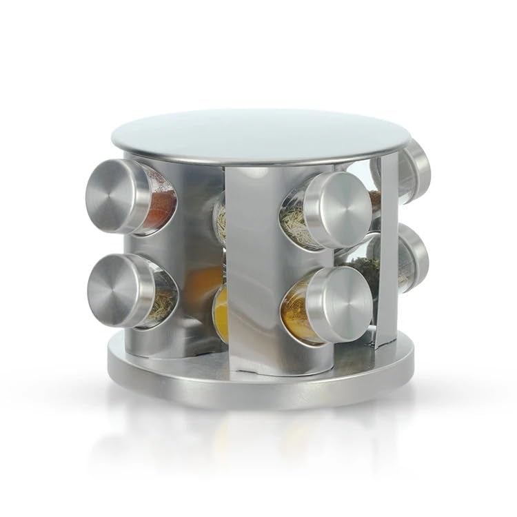 Tray Spice Jar Rack Revolving Rotating Countertop, Spice Organizer, Seasoning Set, Spice Carousel Stainless Steel Stand Storage Holder with Glass Bottle for Kitchen, Hotel, Tiered Shelf (Silver-8) - Image 2