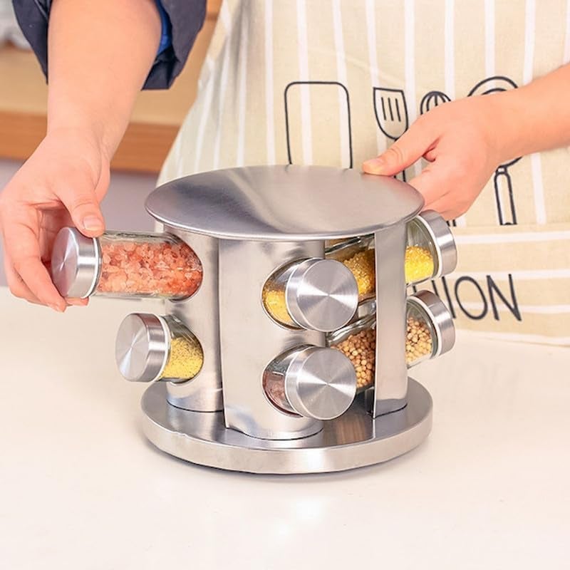 Tray Spice Jar Rack Revolving Rotating Countertop, Spice Organizer, Seasoning Set, Spice Carousel Stainless Steel Stand Storage Holder with Glass Bottle for Kitchen, Hotel, Tiered Shelf (Silver-8) - Image 4