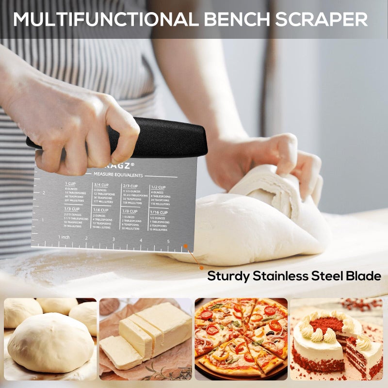 KAGZ Bench Scraper & Chopper - Multifunctional Dough Scraper with Silicone Bowl Scraper, Sturdy Stainless Steel Dough Cutter for Baking, Pastry Cutter for Bread Pizza Cake with Measuring Scale - Image 2