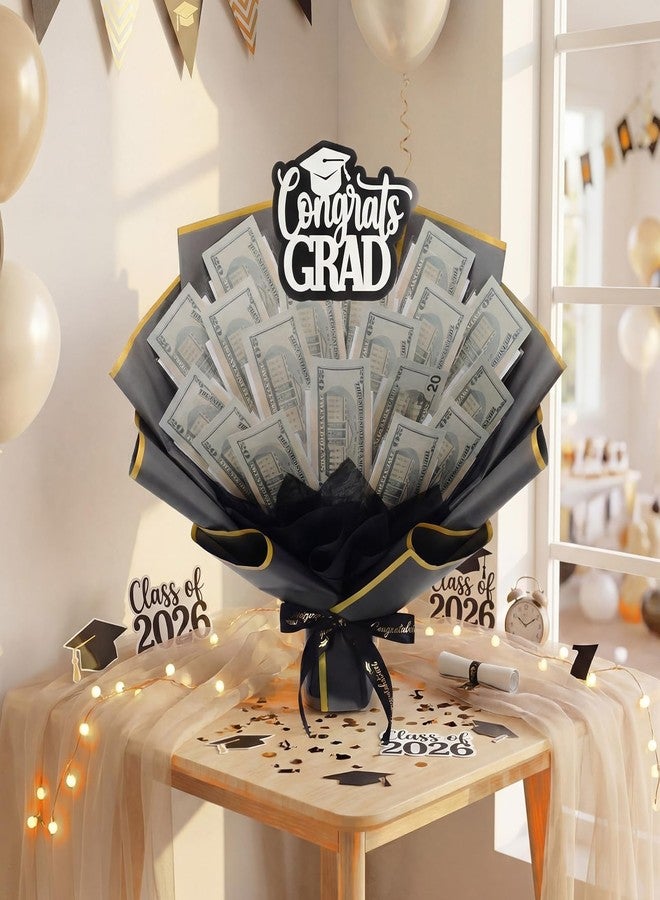 Simgoing Pre Made Graduation Money Flower Bouquet Class of 2026 Graduation Gift for Her Him Black Gold Fully Assembled Money Bouquet with Congrat Grad Card Ready to Gift for Middle High School College Women - Image 2