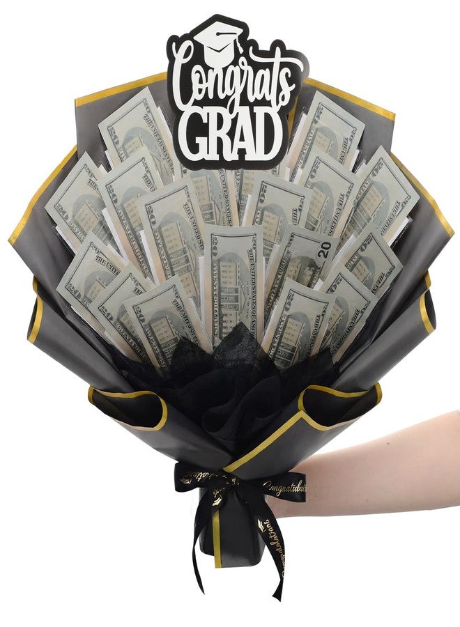 Simgoing Pre Made Graduation Money Flower Bouquet Class of 2026 Graduation Gift for Her Him Black Gold Fully Assembled Money Bouquet with Congrat Grad Card Ready to Gift for Middle High School College Women - Image 1