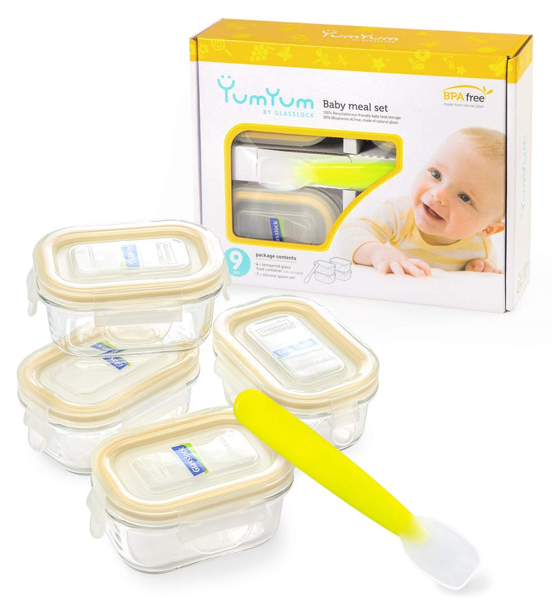 Glasslock 9pcs Set Yum Yum Eco Friendly Airtight Spill Proof Baby Meal Food Storage Container with Silicon Spoon 150ml Safely Freeze Your Homemade Baby Food Baby Shower Registry Gift Set