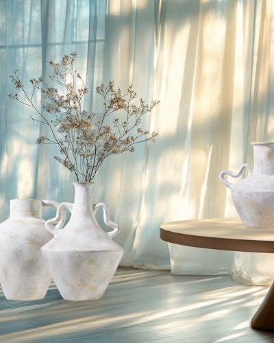 UPWOIGH 14 in Vintage-Inspired Distressed Ceramic Vase with Double Handles, White Handmade Look Flower Vase with Intentional Black Distressing, Modern Rustic Decorative Pottery for Living Room Table - Image 2