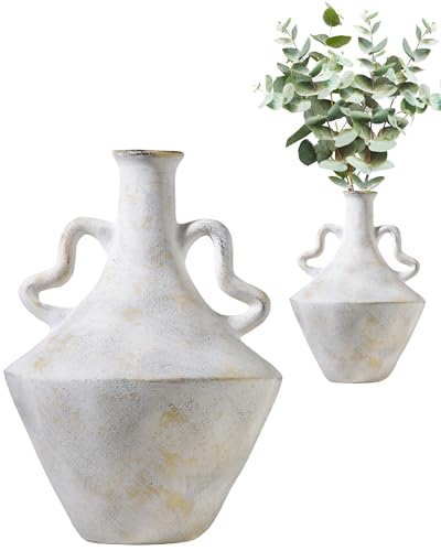 UPWOIGH 14 in Vintage-Inspired Distressed Ceramic Vase with Double Handles, White Handmade Look Flower Vase with Intentional Black Distressing, Modern Rustic Decorative Pottery for Living Room Table - Image 1