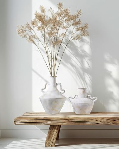 UPWOIGH 14 in Vintage-Inspired Distressed Ceramic Vase with Double Handles, White Handmade Look Flower Vase with Intentional Black Distressing, Modern Rustic Decorative Pottery for Living Room Table - Image 5