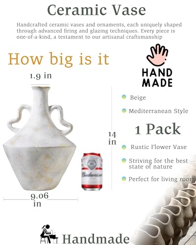 UPWOIGH 14 in Vintage-Inspired Distressed Ceramic Vase with Double Handles, White Handmade Look Flower Vase with Intentional Black Distressing, Modern Rustic Decorative Pottery for Living Room Table - Image 3