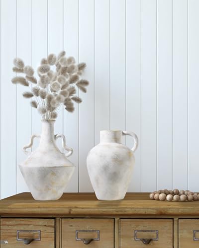 UPWOIGH 14 in Vintage-Inspired Distressed Ceramic Vase with Double Handles, White Handmade Look Flower Vase with Intentional Black Distressing, Modern Rustic Decorative Pottery for Living Room Table - Image 4