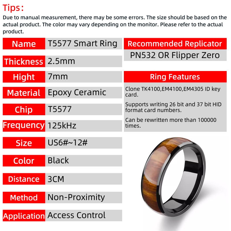 Generic T5577 Chip Epoxy Wood Grain Ceramic Rewritable 125kHz RFID Smart Finger Ring for Clone TK4100 or EM4100 Keycards (US#10 65MM) - Image 2