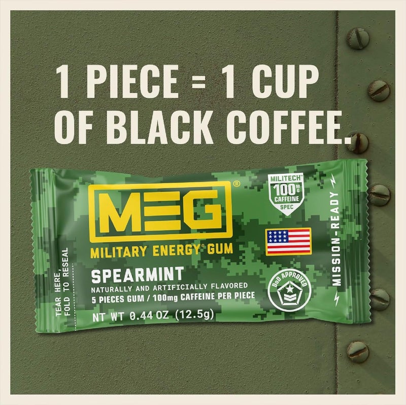 MEG - Military Energy Gum | 100mg of Caffeine Per Piece + Increase Energy + Boost Physical Performance + Spearmint 8 Pack (40 Count) - Image 3