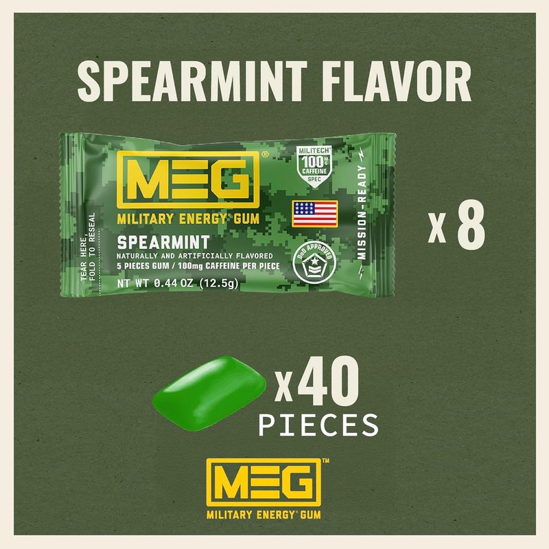 MEG - Military Energy Gum | 100mg of Caffeine Per Piece + Increase Energy + Boost Physical Performance + Spearmint 8 Pack (40 Count) - Image 2