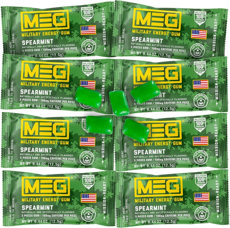 MEG - Military Energy Gum | 100mg of Caffeine Per Piece + Increase Energy + Boost Physical Performance + Spearmint 8 Pack (40 Count) - Image 1