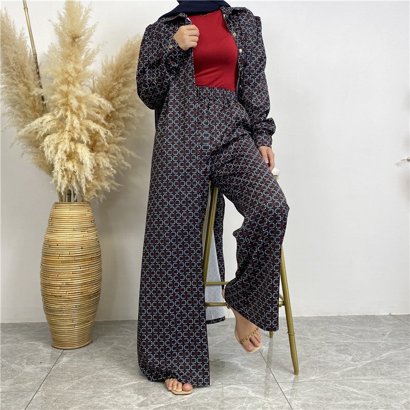 monica fashion Fashionable Printed Full-Button Long Cardigan with Casual Pocket Pants - 2-Piece Set - Image 2