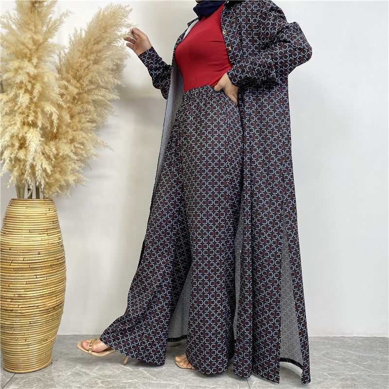 monica fashion Fashionable Printed Full-Button Long Cardigan with Casual Pocket Pants - 2-Piece Set - Image 1