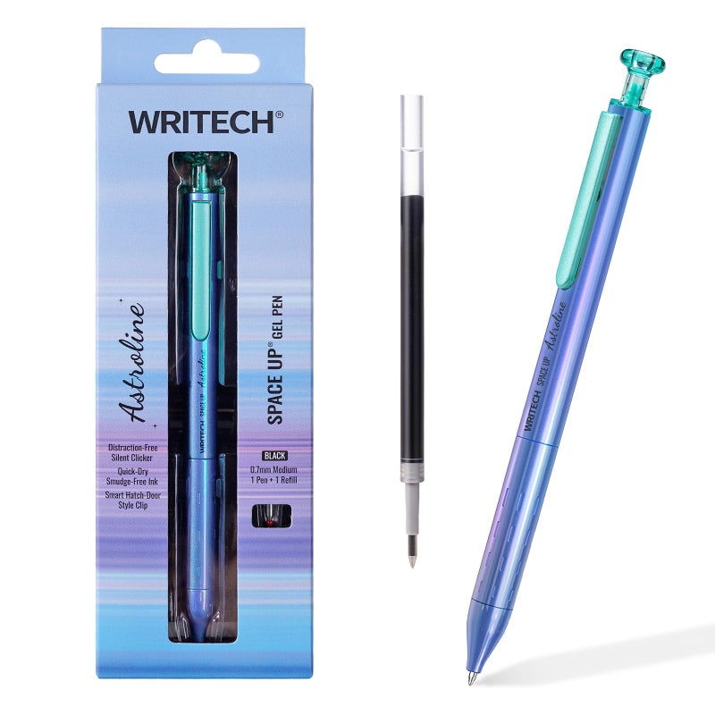 WRITECH Gel Pen Fine Point: Space Up Astroline Pen Metal Barrel 0.7mm Retractable Black Ink 1ct with 1 Refill Silent Clicker Smooth Writing No Smear (Blue) - Image 1