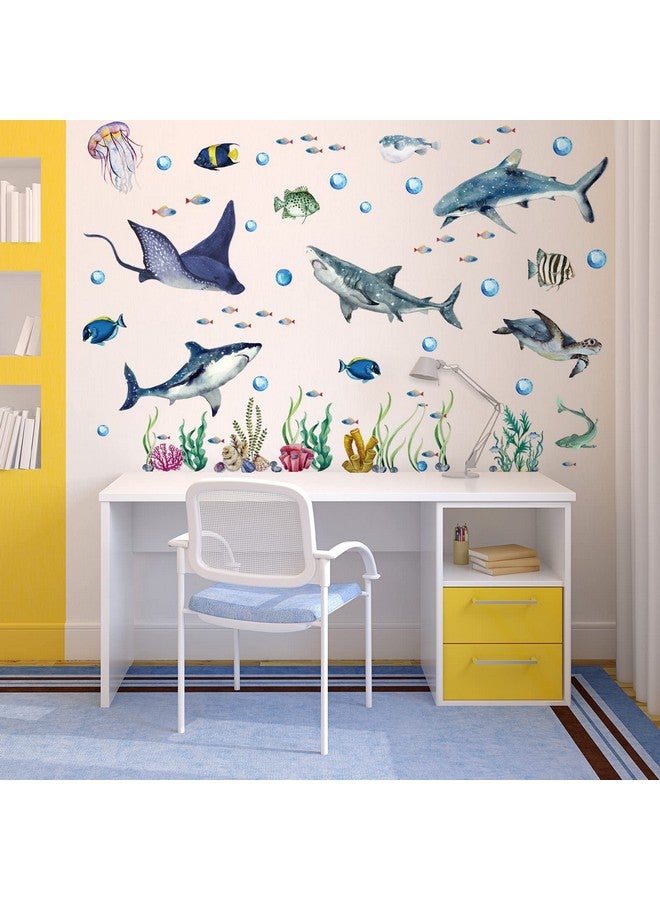 Marspark 3 Pieces Large Watercolor Sharks Wall Decals Ocean Animal Peel And Stick Wall Sticker Under The Sea Marine Life Theme Decals Nursery Room Home Decor Boy Girl Kid Party Supply 11.2 X 34.6 Inches - Image 5