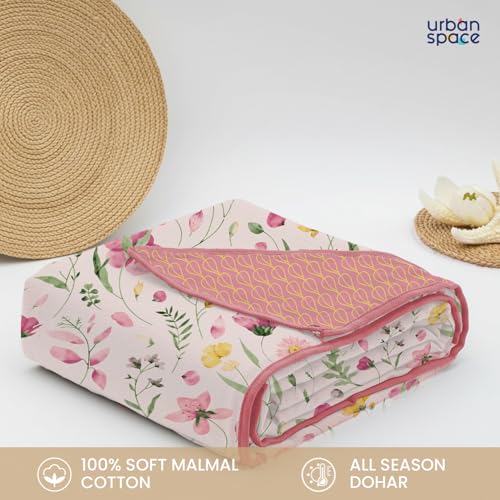 Urban Space 100% Cotton Malmal Double Bed Dohar, All Season Reversible Blanket, Soft, Lightweight and Breathable Ac Dohar/Quilt/Blanket/for Bed, Sofa AC Blanket (86 x 95 inch, Meadows Rose Pink) - Image 3