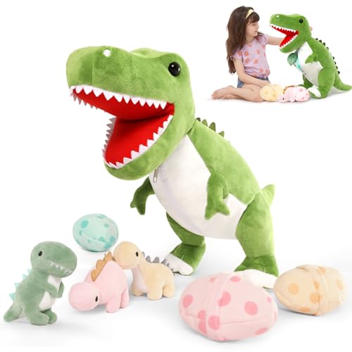 MorisMos Dinosaur Stuffed Animal with Babies,23.6'' Big T-Rex Mommy Stuffed Dinosaur with 3 Baby Dino Plush Toys, 3 Eggs,Boy Girl Dino Toys for Kid Birthday Christmas,Green T-rex - Image 1