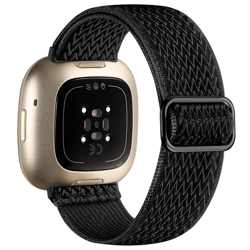 erorex For Fitbit Versa 4 / 3 / Sense2 / 1 Wavy Nylon Braided Stretch Watch Band With Adjustment Buckle(Black) - Image 1