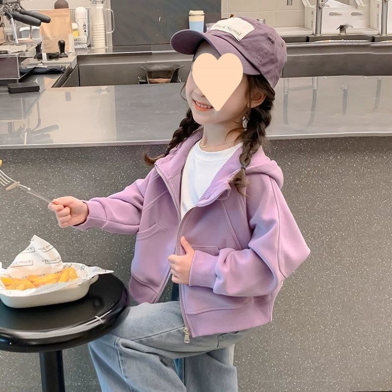 Girls' Spring & Fall Jackets Style Casual Velvet Cardigans For Small And Medium-Sized Children Winter Hooded Tops - Image 4
