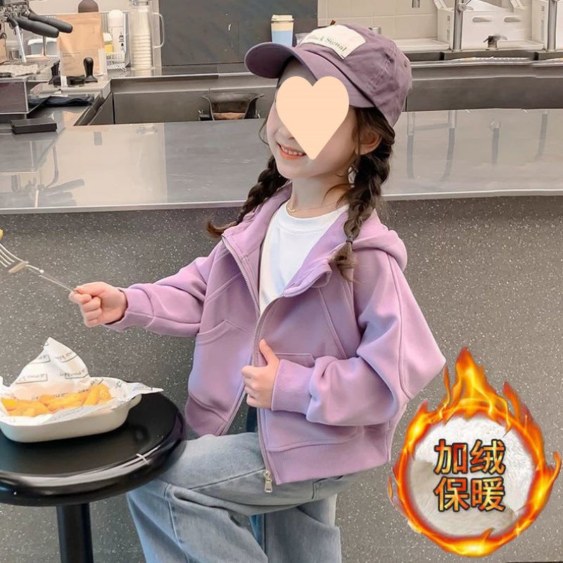 Girls' Spring & Fall Jackets Style Casual Velvet Cardigans For Small And Medium-Sized Children Winter Hooded Tops - Image 1