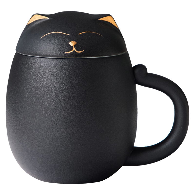 HEER Black Cat Tea Cup with Infuser and Lid Cute Tea Mug with Strainer for Steeping Loose Leaf Ceramic Teacup Birthday Christmas Cat Lover Gifts for Women Men Mom Sisters besties Black