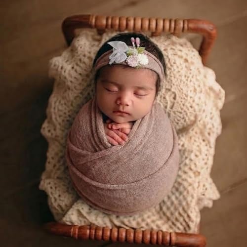 BabyMoon Rayon Newborn Baby Wraps with Hairband Photography Photoshoot Props Costume Swaddle (190x60cm, Brown) - Image 1