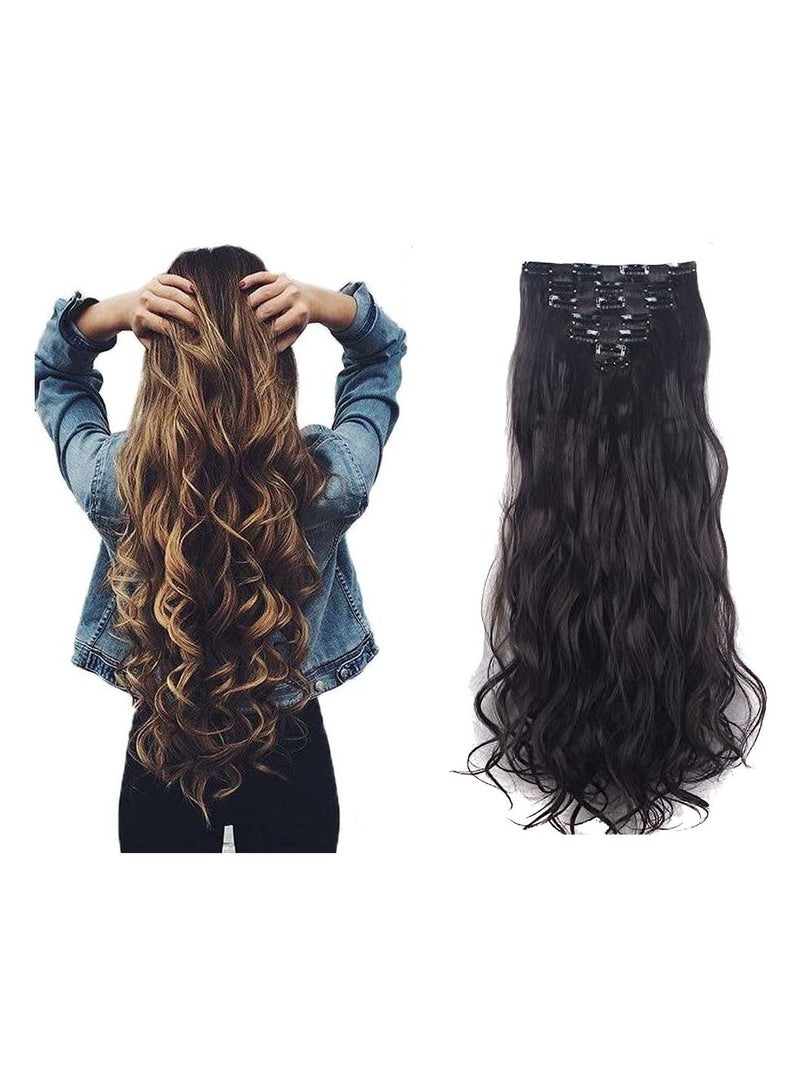 إستيل 7 قطع 16 مشابك 24 بوصة سميكة مجعد مستقيم كامل الرأس كليب في لحمة مزدوجة الشعر البني الداكن مجعد - Image 1