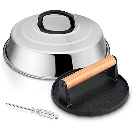 HaSteeL 12In Cheese Melting Dome & 7In Cast Iron Grill Press, HaSteeL Stainless Steel Basting Cover with Heavy Duty Burger Bacon Press, Griddle Accessories for Teppanyaki Flat Top Stovetop Indoor & Outdoor - Image 1