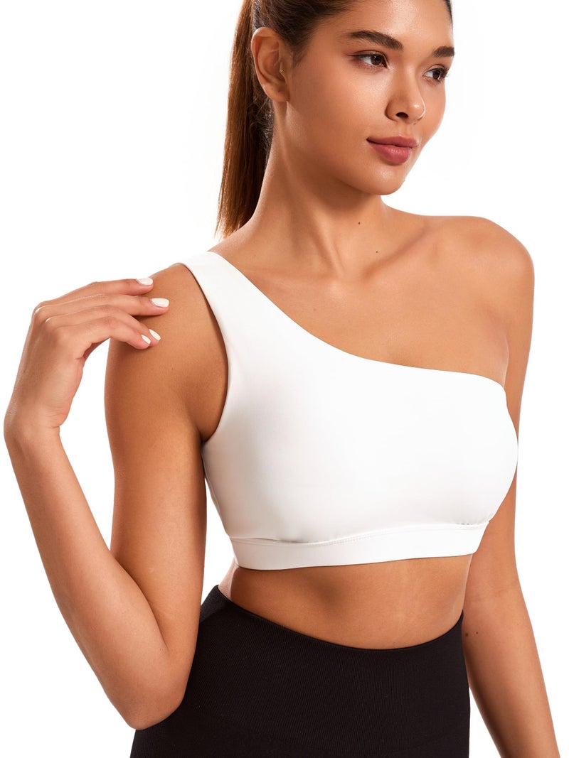 JOYSPELS Smooth Sports Bras for Women One Shoulder Low Impact Asymmetrical Workout Tops Padded Yoga Right Shoulder Strap Bra White - Image 3