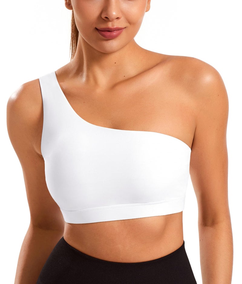 JOYSPELS Smooth Sports Bras for Women One Shoulder Low Impact Asymmetrical Workout Tops Padded Yoga Right Shoulder Strap Bra White - Image 1