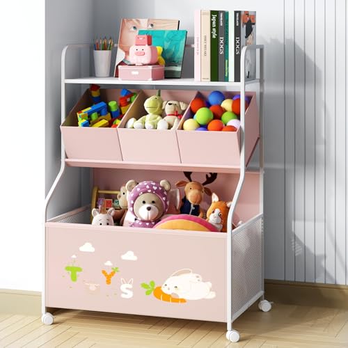 BBLIKE Toy Storage Organizer with Wheels 3Tier Kids Large Toy Box Toy Chest Storage for Boys Girls Toddlers Kids Bookshelf with 3 Fabric Toy Boxes for Playroom White - Image 1