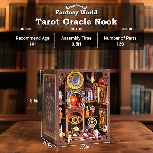 VORATHIS Book Nook Kit DIY Miniature Dollhouse with LED Lights for Adults Teens Fantasy TarotThemed 3D Wooden Bookshelf Decor for Craft Lovers - Image 5