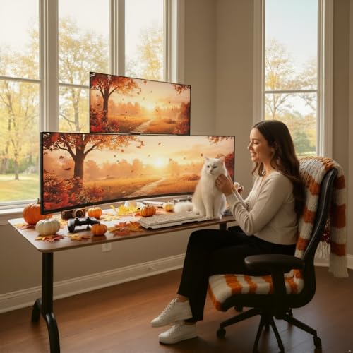ARES WING Dual Monitor Arm for Ultrawide Heavy Duty Curved Monitor Stacking, Fits 17-49 Inch, Vertical Gas Spring Double Monitor Stand with USB, Adjustable Dual Monitor Mount for Desk, White - Image 2