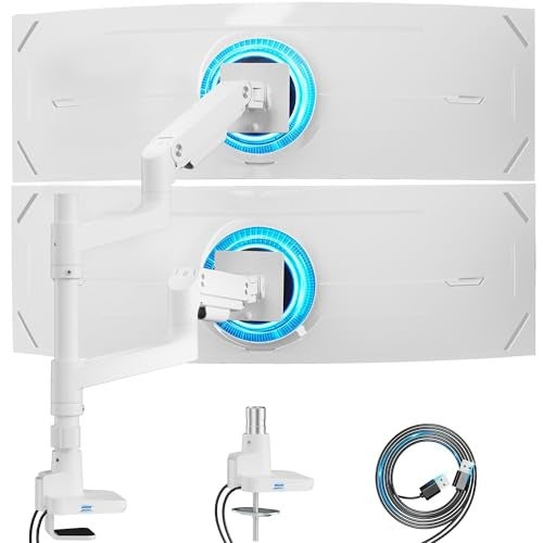 ARES WING Dual Monitor Arm for Ultrawide Heavy Duty Curved Monitor Stacking, Fits 17-49 Inch, Vertical Gas Spring Double Monitor Stand with USB, Adjustable Dual Monitor Mount for Desk, White - Image 1