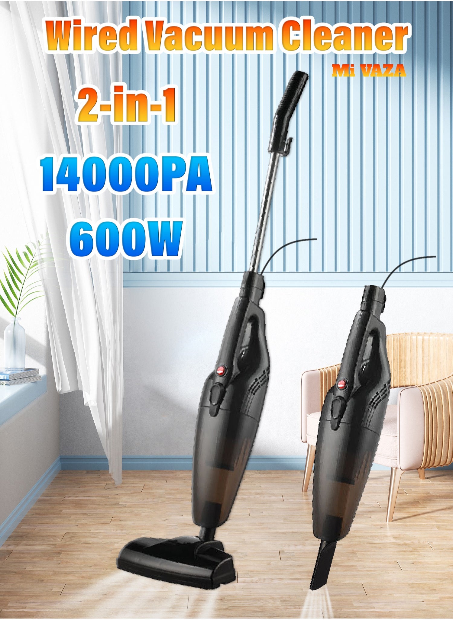 2-in-1 Corded Vacuum Cleaner – Portable Vacuum Cleaner - Handheld Vacuum Cleaner with HEPA Filter - 600W and 14000PA - Dust Removal Tools for Floors, Carpets, Desktops, Sofas, Windows 